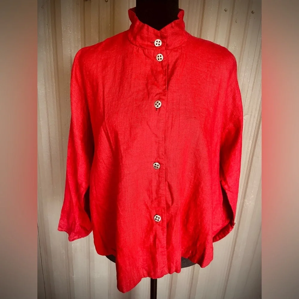 Itemz Chris Baumgartner 100% Linen Top Lagenlook Red Crop Dolman Slv USA OS FLAW - Picture 2 of 16